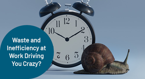 An alarm clock with a snail beside it, illustrating the themes of waste and inefficiency at work.