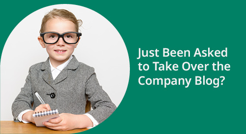 A young girl in glasses, wearing a gray suit, sits at a desk with a notepad and pen, looking thoughtfully at the camera. The image has a round frame with a green background and text asking, 'Just Been Asked to Take Over the Company Blog?'