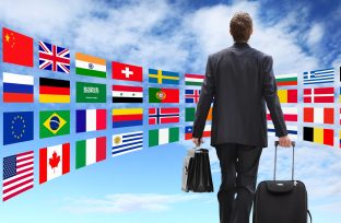 International business man travel with trolley global business c